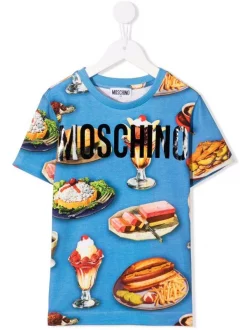 ( Nouvelle Collection ) Moschino Kids 82737 BLUE T-shirt à Logo Imprimé Enfant