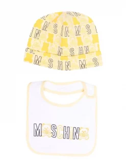 ( Nouvelle Collection ) Moschino Kids 82807 YELLOW Lot Bavoir-bonnet à Logo Imprimé Enfant