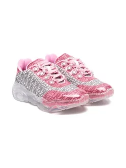 ( Nouvelle Collection ) Moschino Kids WHITE/PINK/BLACK PRINT Baskets à Logo Imprimé Enfant