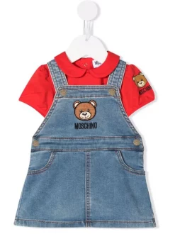 ( Nouvelle Collection ) Moschino Kids '50109' BLUE RED Ensemble Haut-salopette à Logo Brodé Enfant