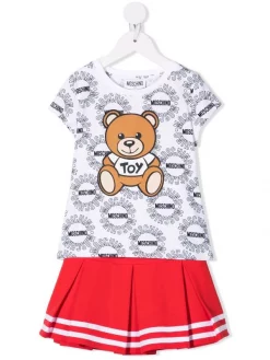 ( Nouvelle Collection ) Moschino Kids Ensemble Haut-jupe Teddy Bear à Imprimé Monogrammé 83670 BIANCO