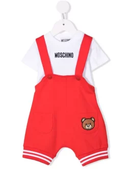 ( Nouvelle Collection ) Moschino Kids Ensemble Haut-salopette à Patch Logo 50109 ROSSO