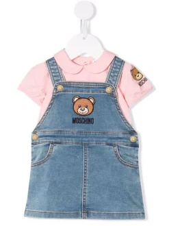( Nouvelle Collection ) Moschino Kids Ensemble Haut-salopette En Jean à Motif Teddy Bear 50209 ROSA