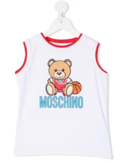 ( Nouvelle Collection ) Moschino Kids 10101 BIANCO OTTICO Débardeur à Logo Imprimé Enfant
