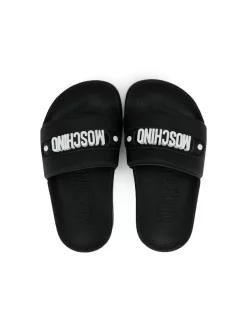 ( Nouvelle Collection ) Moschino Kids BLACK WHITE Claquettes à Logo Appliqué Enfant -Moschino Kids Soldes Boutique 18015014 38863026 600