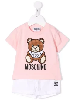 ( Nouvelle Collection ) Moschino Kids 50209 ROSA E BIANCO Ensemble Haut-short à Imprimé Teddy Bear Enfant