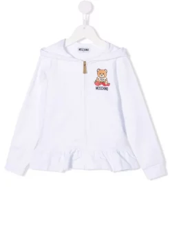 ( Nouvelle Collection ) Moschino Kids Hoodie Zippé à Imprimé Teddy Bear 10101 BIANCO OTTICO
