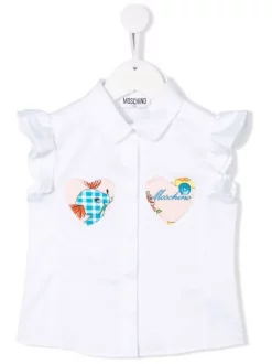 ( Nouvelle Collection ) Moschino Kids 10101 BIANCO OTTICO Chemise Volantée à Logo Brodé Enfant
