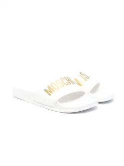 ( Nouvelle Collection ) Moschino Kids Claquettes à Logo Imprimé 06 WHITE