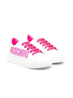 ( Nouvelle Collection ) Moschino Kids BIANCO Baskets à Logo Imprimé Latéral Enfant