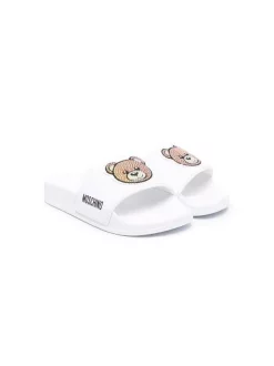 ( Nouvelle Collection ) Moschino Kids VAR1 WHITE Claquettes à Logo Embossé Enfant