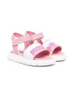 ( Nouvelle Collection ) Moschino Kids BIANCO-ROSA Sandales à Logo Imprimé Enfant