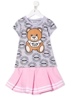 ( Nouvelle Collection ) Moschino Kids 83395 GRIGIO Ensemble Jupe-haut Teddy à Logo Imprimé Enfant