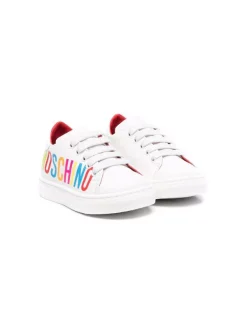 ( Nouvelle Collection ) Moschino Kids WHITE Baskets En Cuir à Logo Imprimé Enfant