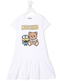 ( Nouvelle Collection ) Moschino Kids 10101 - Bianco Robe à Motif Teddy Bear Enfant