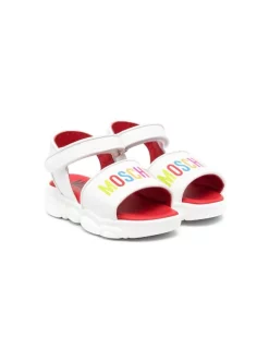 ( Nouvelle Collection ) Moschino Kids WHITE Sandales En Cuir à Logo Imprimé Enfant