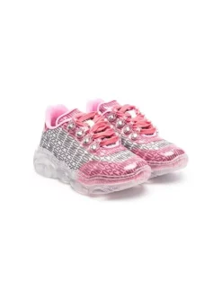 ( Nouvelle Collection ) Moschino Kids MK171 WHITE GREY PINK Baskets à Logo Imprimé All-over Enfant