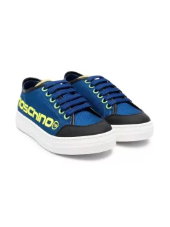 ( Nouvelle Collection ) Moschino Kids MK305 - Blu Baskets Lacées à Logo Imprimé Enfant